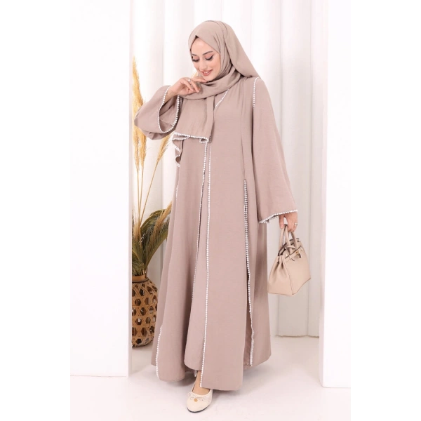 Dantel Şeritli Abaya Elbise Şal Üçlü Takım 6074 Vizon