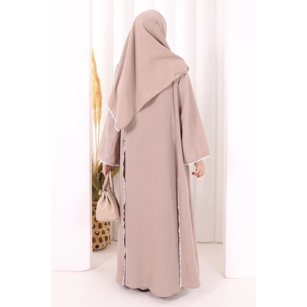 Dantel Şeritli Abaya Elbise Şal Üçlü Takım 6074 Vizon
