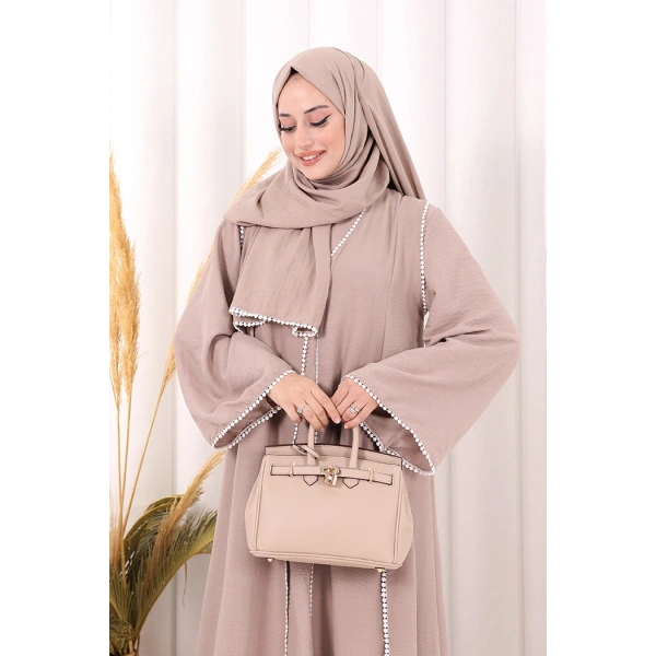 Dantel Şeritli Abaya Elbise Şal Üçlü Takım 6074 Vizon