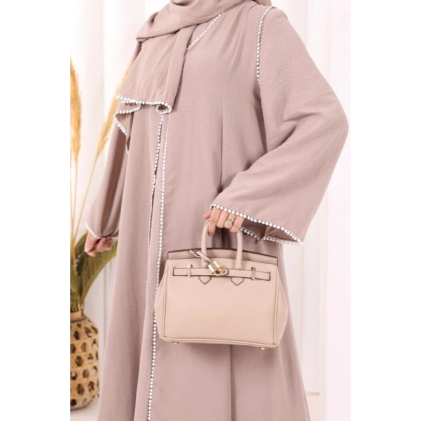 Dantel Şeritli Abaya Elbise Şal Üçlü Takım 6074 Vizon