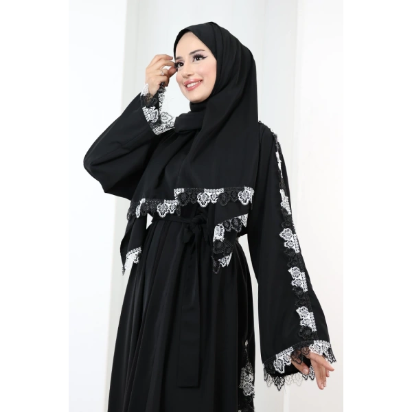 Dantelli Şallı Abaya 7095 Siyah