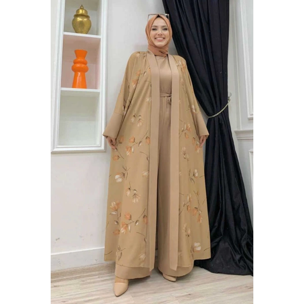 Desenli Abaya Düz Cep Detay Kuşaklı Sıfır Kol Tulum Takım 8312 Taba