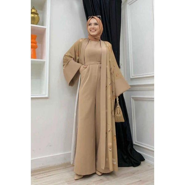 Desenli Abaya Düz Cep Detay Kuşaklı Sıfır Kol Tulum Takım 8312 Taba