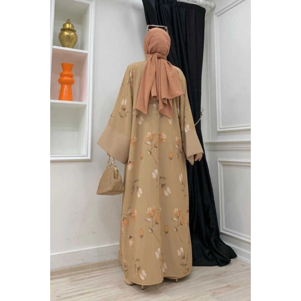 Desenli Abaya Düz Cep Detay Kuşaklı Sıfır Kol Tulum Takım 8312 Taba