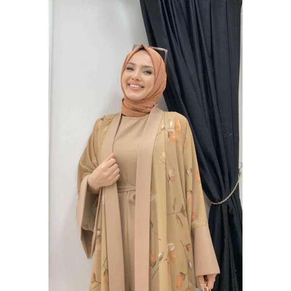 Desenli Abaya Düz Cep Detay Kuşaklı Sıfır Kol Tulum Takım 8312 Taba