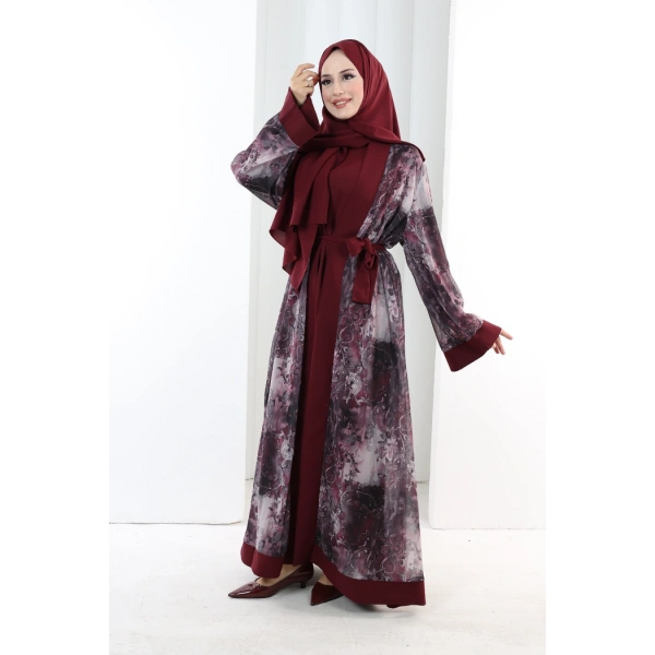 Desenli Abaya Elbise Üçlü Takım 7087 Bordo