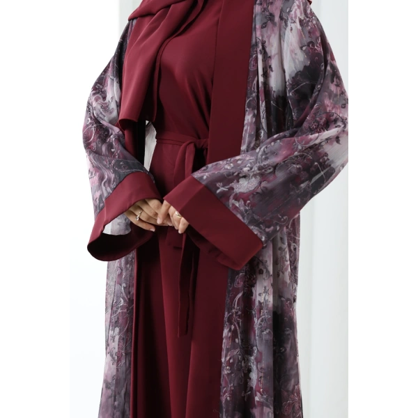 Desenli Abaya Elbise Üçlü Takım 7087 Bordo