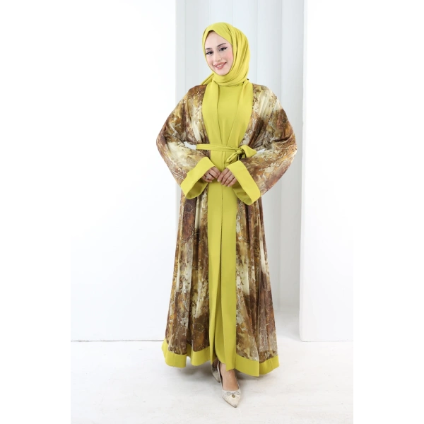 Desenli Abaya Elbise Üçlü Takım 7087 Hardal