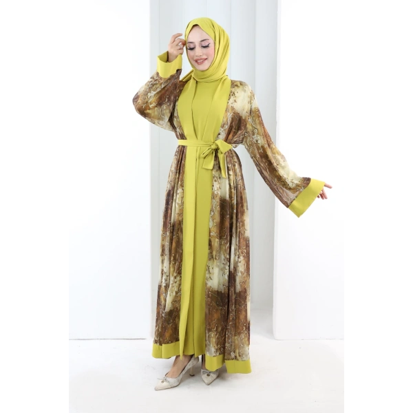 Desenli Abaya Elbise Üçlü Takım 7087 Hardal