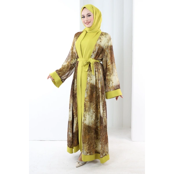 Desenli Abaya Elbise Üçlü Takım 7087 Hardal