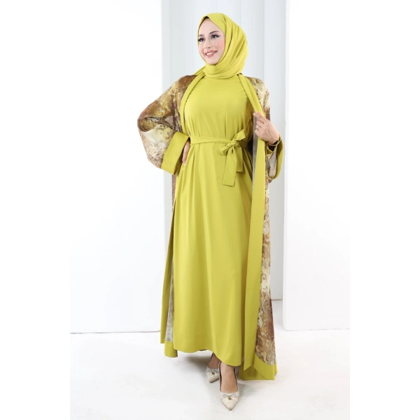 Desenli Abaya Elbise Üçlü Takım 7087 Hardal