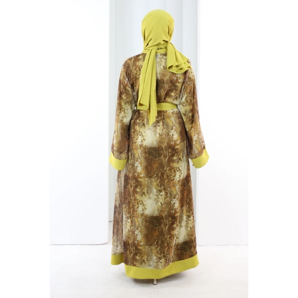 Desenli Abaya Elbise Üçlü Takım 7087 Hardal