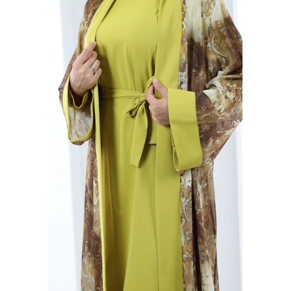 Desenli Abaya Elbise Üçlü Takım 7087 Hardal