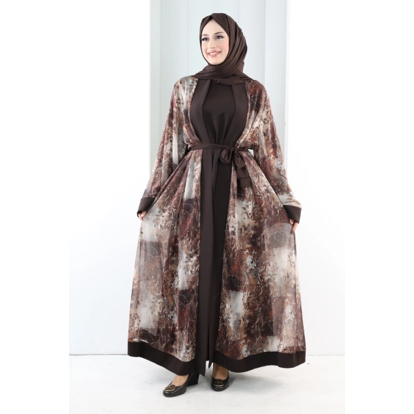 Desenli Abaya Elbise Üçlü Takım 7087 Kahverengi
