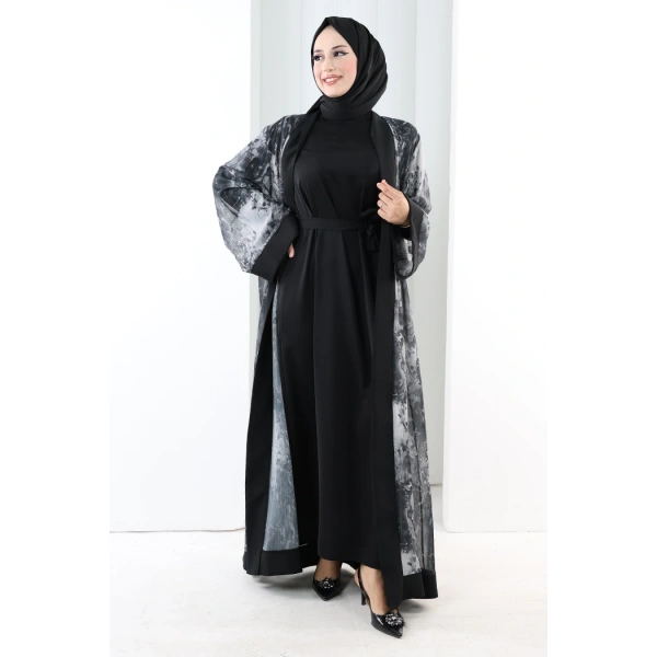 Desenli Abaya Elbise Üçlü Takım 7087 Siyah
