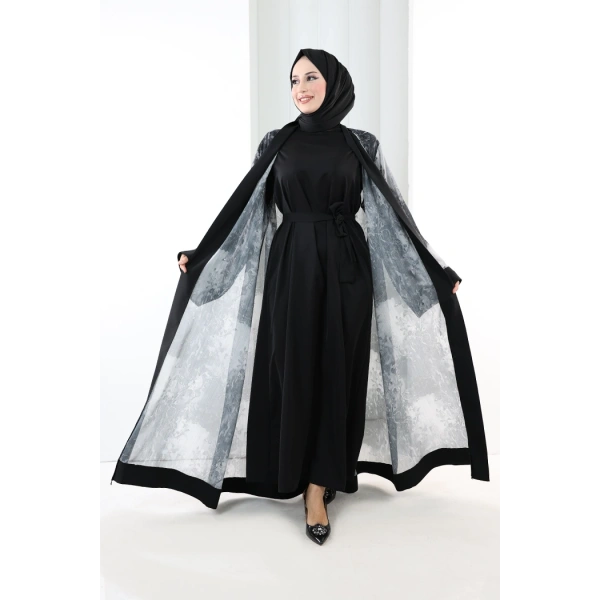 Desenli Abaya Elbise Üçlü Takım 7087 Siyah