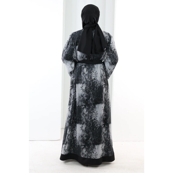 Desenli Abaya Elbise Üçlü Takım 7087 Siyah