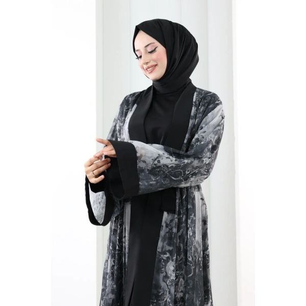 Desenli Abaya Elbise Üçlü Takım 7087 Siyah