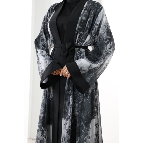 Desenli Abaya Elbise Üçlü Takım 7087 Siyah