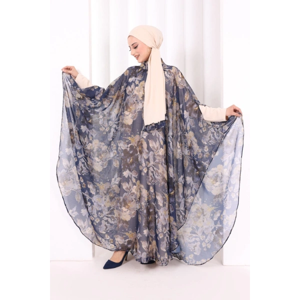 Desenli Şallı Elbise 6076 Lacivert