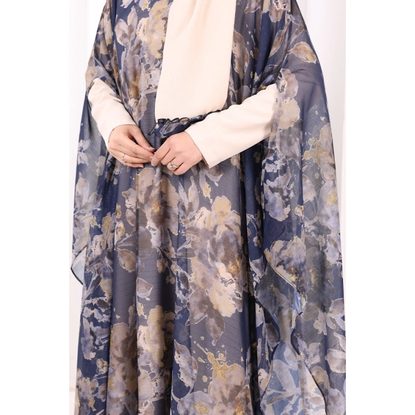 Desenli Şallı Elbise 6076 Lacivert