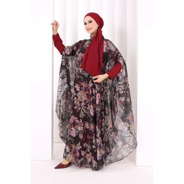 Desenli Şallı Elbise 6076 Siyah