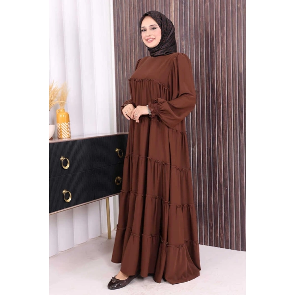 Dubai Katlı Salaş Elbise 6023 Kahverengi