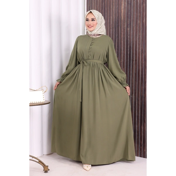 Düğme Detay Elbise 6055 Haki