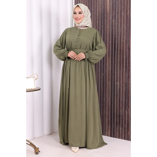 Düğme Detay Elbise 6055 Haki