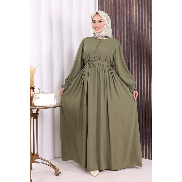 Düğme Detay Elbise 6055 Haki