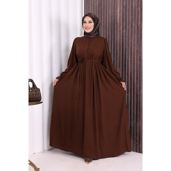 Düğme Detay Elbise 6055 Kahverengi