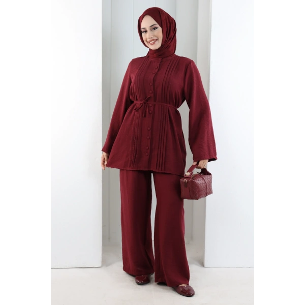 Düğme Detay İkili Takım 8711 Bordo