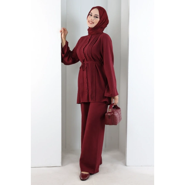 Düğme Detay İkili Takım 8711 Bordo