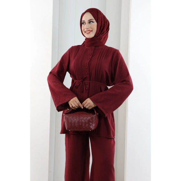 Düğme Detay İkili Takım 8711 Bordo