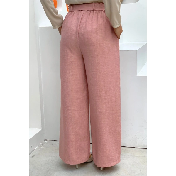 Düğme Detaylı Bel Bağlamalı Cepli Bol Pantolon 0275 Gül Kurusu