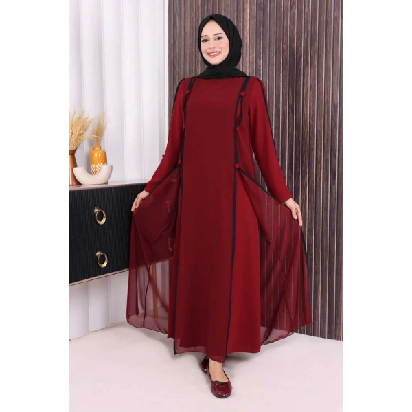Düğme Detaylı Elbise 3919 Bordo