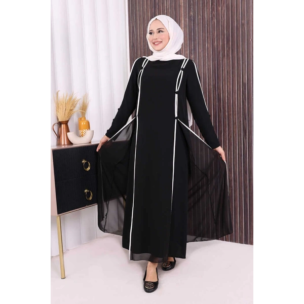 Düğme Detaylı Elbise 3919 Siyah-Ekru