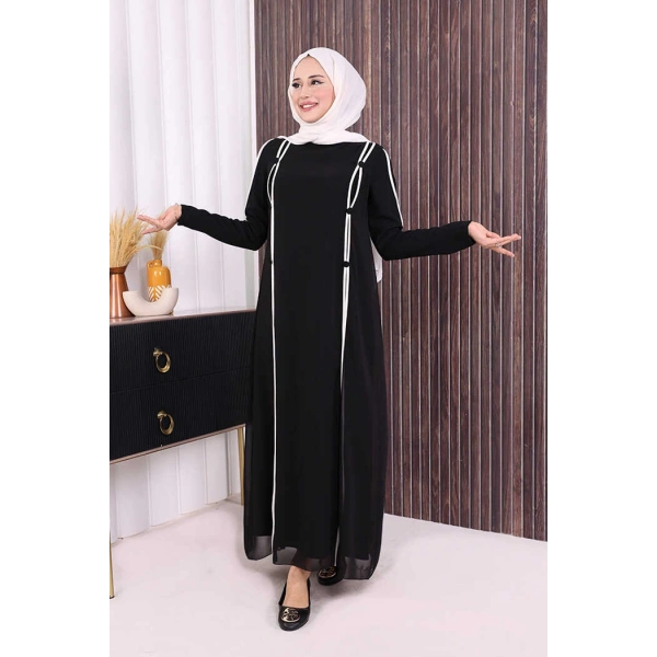 Düğme Detaylı Elbise 3919 Siyah-Ekru