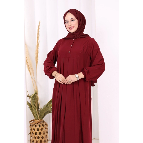 Düğme Detaylı Elbise 6028 Bordo