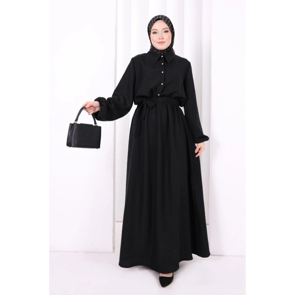 Düğme Detaylı Elbise 6097 Siyah