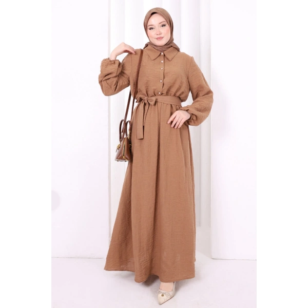 Düğme Detaylı Elbise 6097 Taba