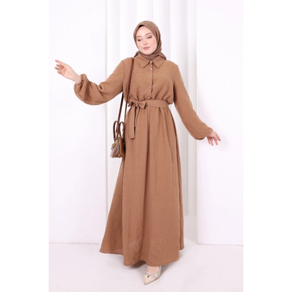 Düğme Detaylı Elbise 6097 Taba