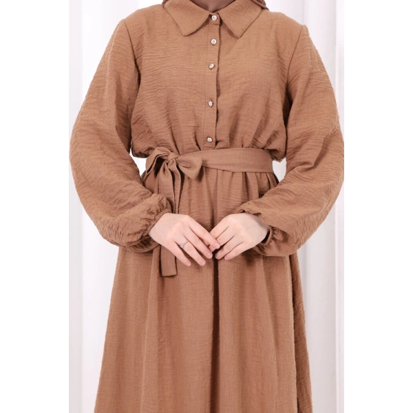 Düğme Detaylı Elbise 6097 Taba