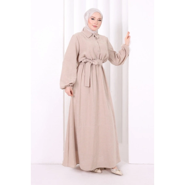 Düğme Detaylı Elbise 6097 Vizon