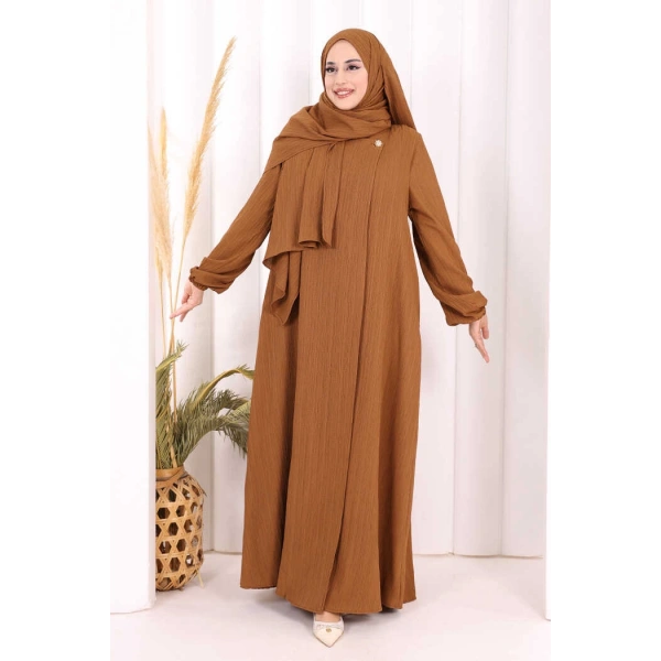 Düğme Detaylı Şallı Ferace 7058 Kahverengi