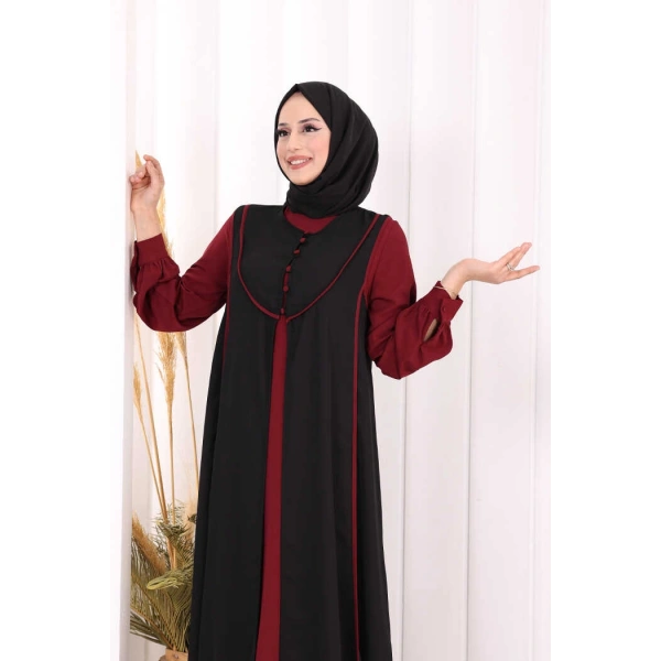 Düğme Detaylı Yelekli Elbise Takım 7060 Bordo