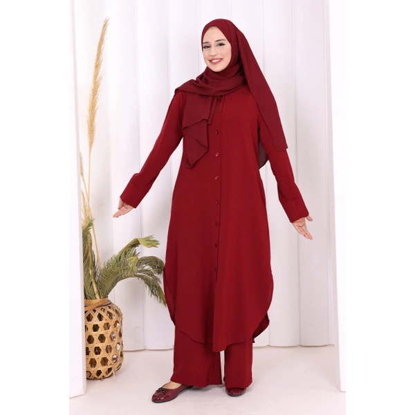 Düğmeli Cepli Tunik ve Pantolon İkili Takım 8682 Bordo