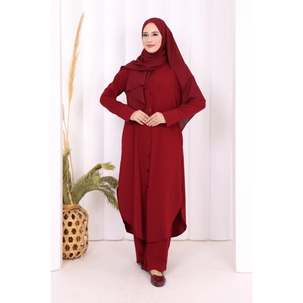 Düğmeli Cepli Tunik ve Pantolon İkili Takım 8682 Bordo
