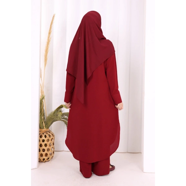 Düğmeli Cepli Tunik ve Pantolon İkili Takım 8682 Bordo