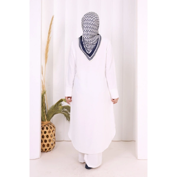 Düğmeli Cepli Tunik ve Pantolon İkili Takım 8682 Ekru